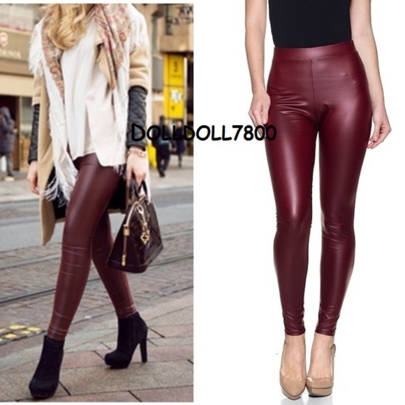 Faux Leather leggings high waist Burgundy MATTE - Picture 2 of 3